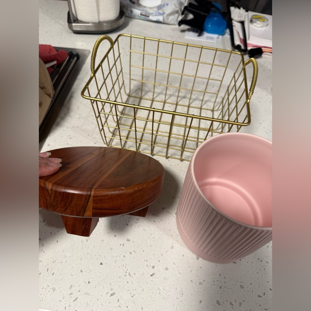 Gold Wire Basket with Pink and Wood Accents